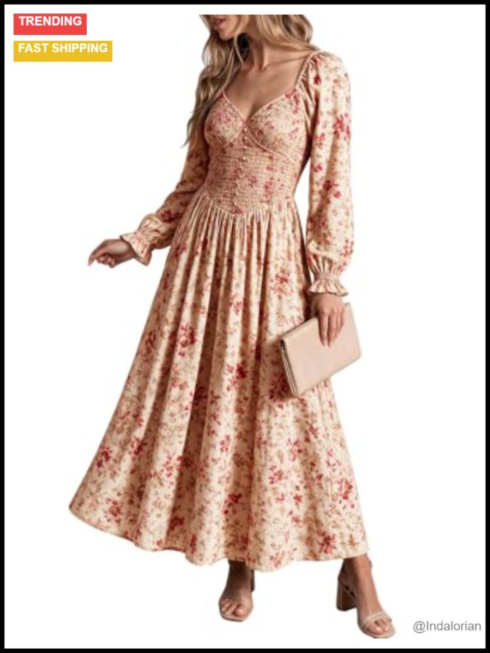 Women's Boho Long Sleeve Sweetheart V Neck Maxi Dress